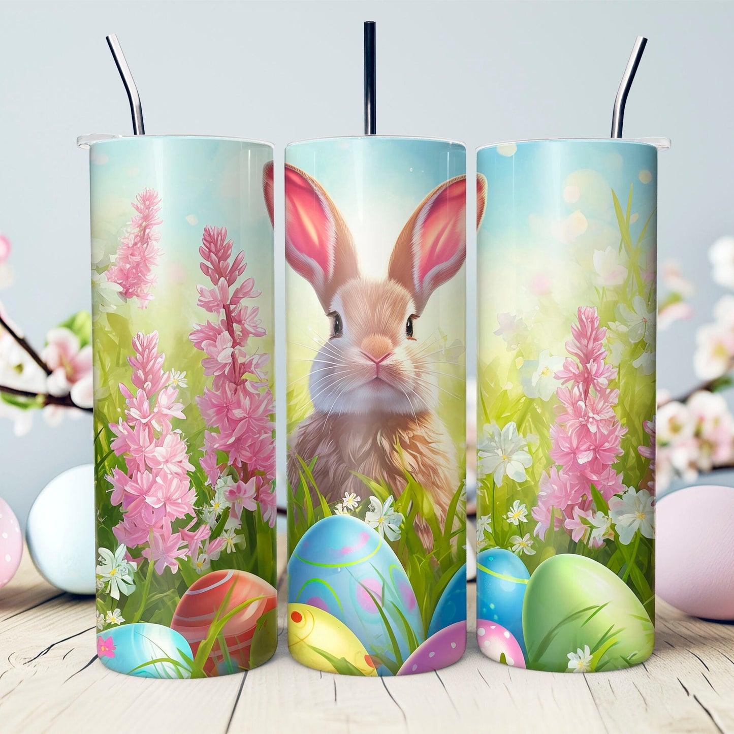 Flowered Brown Bunny with Easter Eggs 20 oz. Tumbler- Easter Basket Gift- Easter Tumbler- Easter Stainless Steel Tumbler