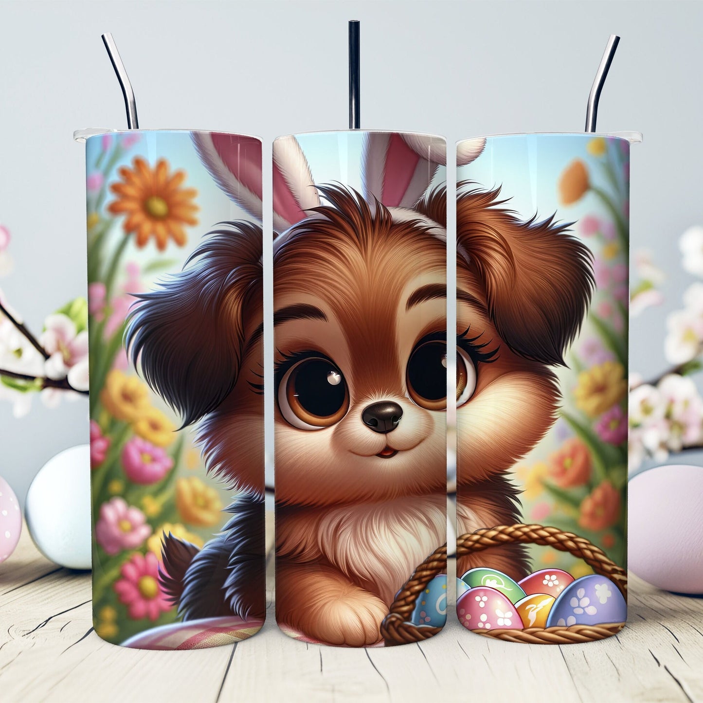 Big-Eyed Puppy Easter 20 oz. Tumbler- Easter Basket Gift- Easter Tumbler- Puppy in a Basket - Sublimated Stainless Steel Tumbler