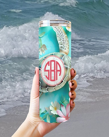 Sea Turtle Flower Monogrammed 20 oz. Tumbler- Sea Turtle Lover Gift- Personalized Sea Turtle Tumbler- Stainless Steel Turtle Tumbler