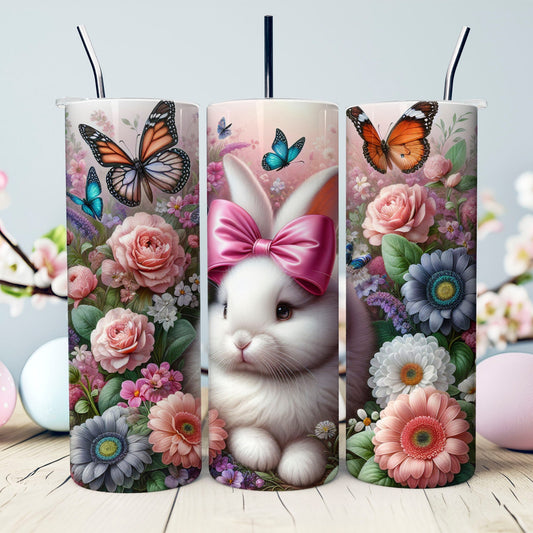 White Bunny Tumbler with Flowers and Butterflies- 20oz. Easter Tumbler- Easter Basket Gift- Easter Tumbler- Easter Stainless Steel Tumbler