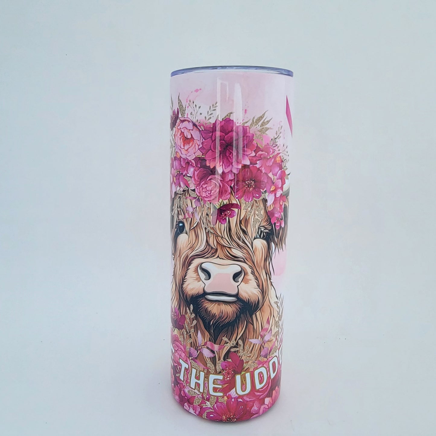 Breast Cancer Highland Cow "Save the Udders" 20 oz. Tumbler- Save the Udders- Breast Cancer Awareness- Pink for a Cure