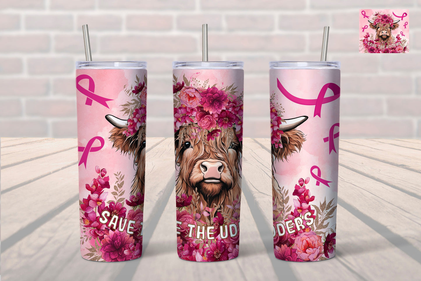 Breast Cancer Highland Cow "Save the Udders" 20 oz. Tumbler- Save the Udders- Breast Cancer Awareness- Pink for a Cure