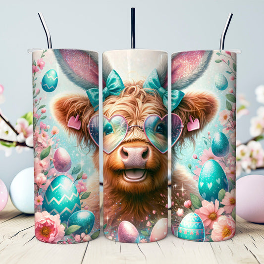 Easter Highland Cow 20 oz. Tumbler- Easter Basket Gift- Custom Easter Tumbler- Highland Cow in glasses - Sublimated Stainless Steel Tumbler