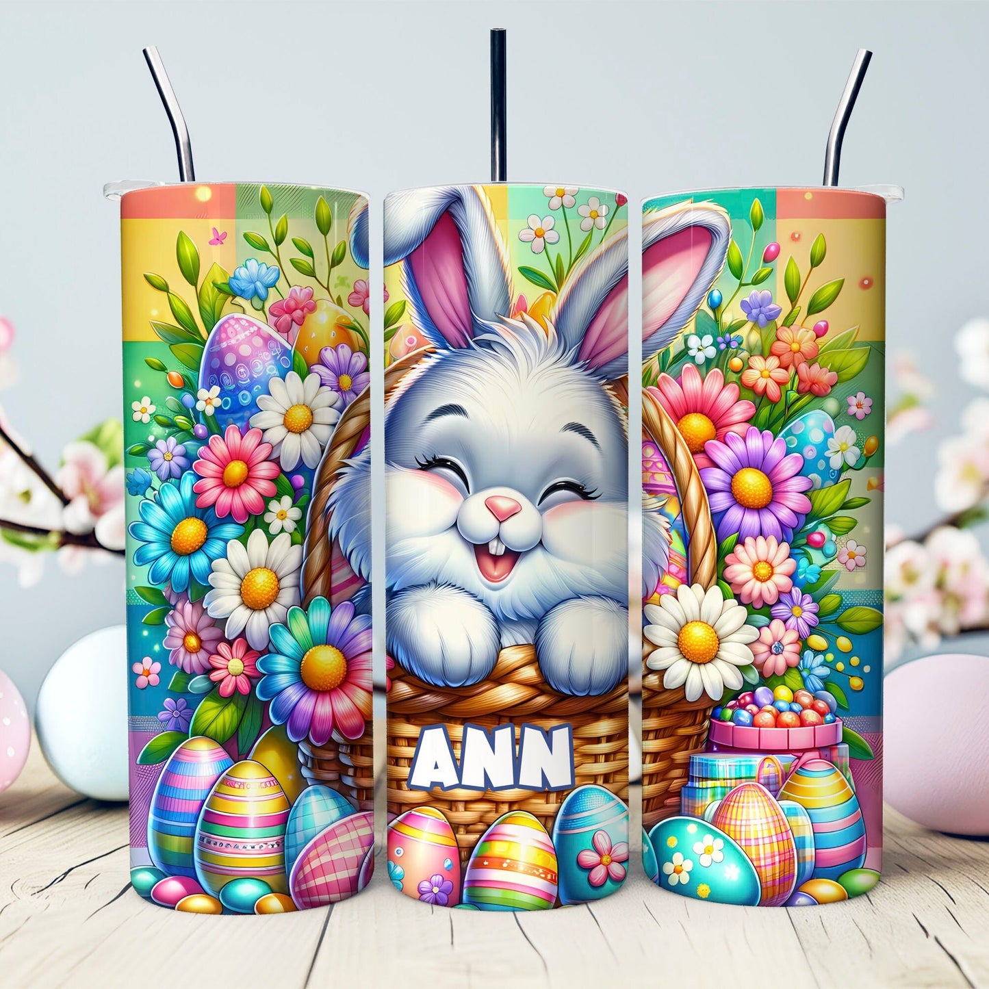 Personalized Easter Bunny in Basket 20 oz. Tumbler- Easter Basket Gift- Custom Easter Tumbler- Sublimated Stainless Steel Tumbler