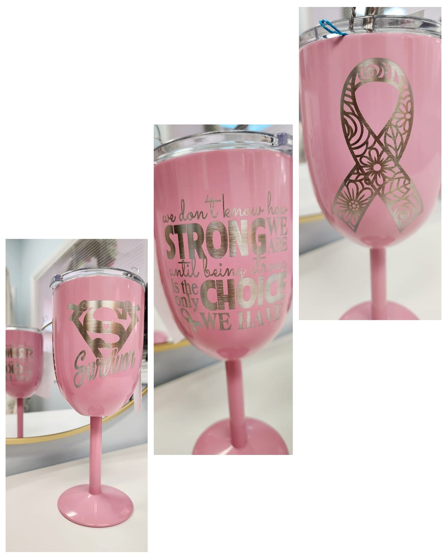 Pink Breast Cancer Survivor Stainless Steel Engraved Wine Glass, Challis, Motivational Tumbler- Breast Cancer Celebration Wine Tumbler