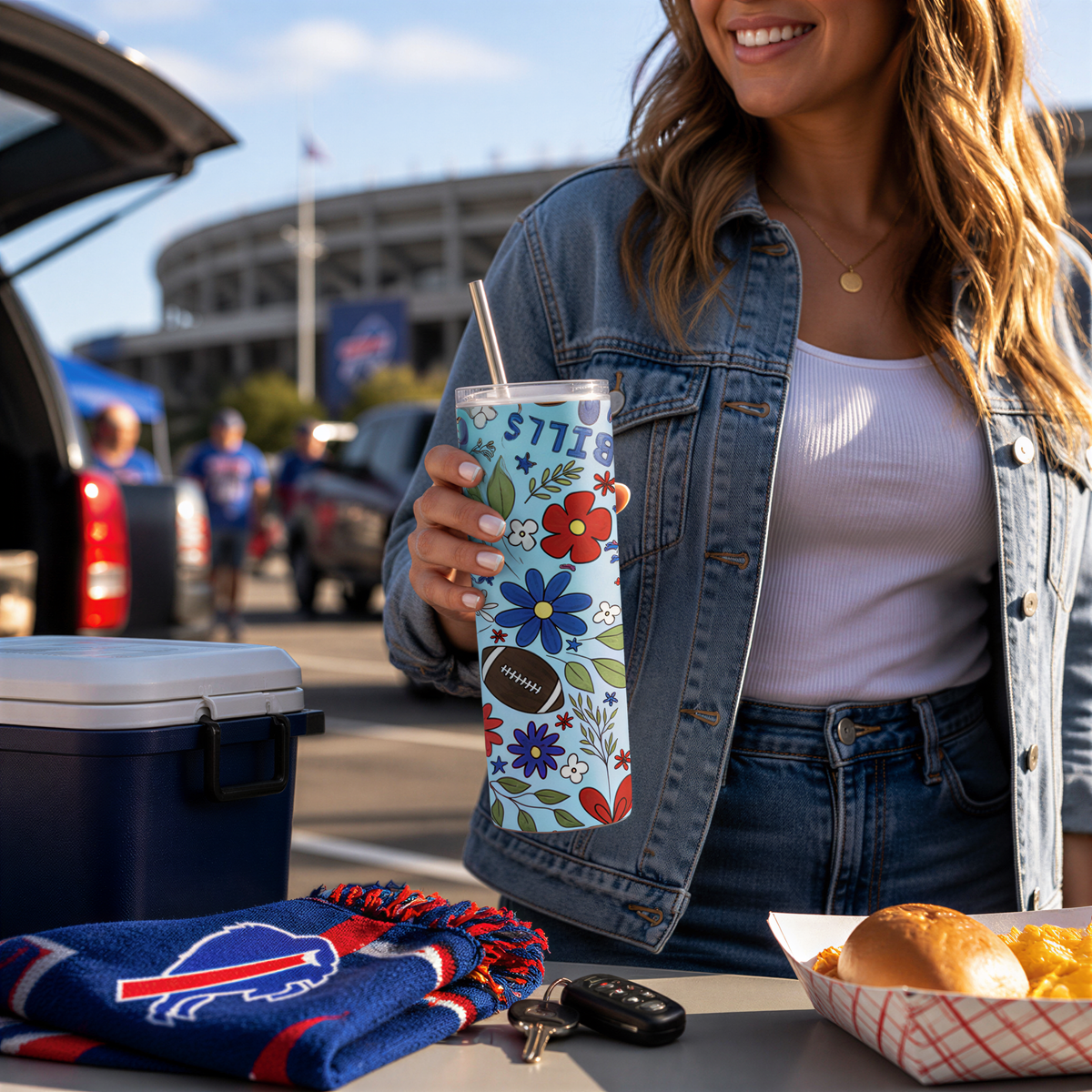 A woman is holding a colorful drink cup with a floral design, standing near a cooler, a sports ball, and some food items on a table.