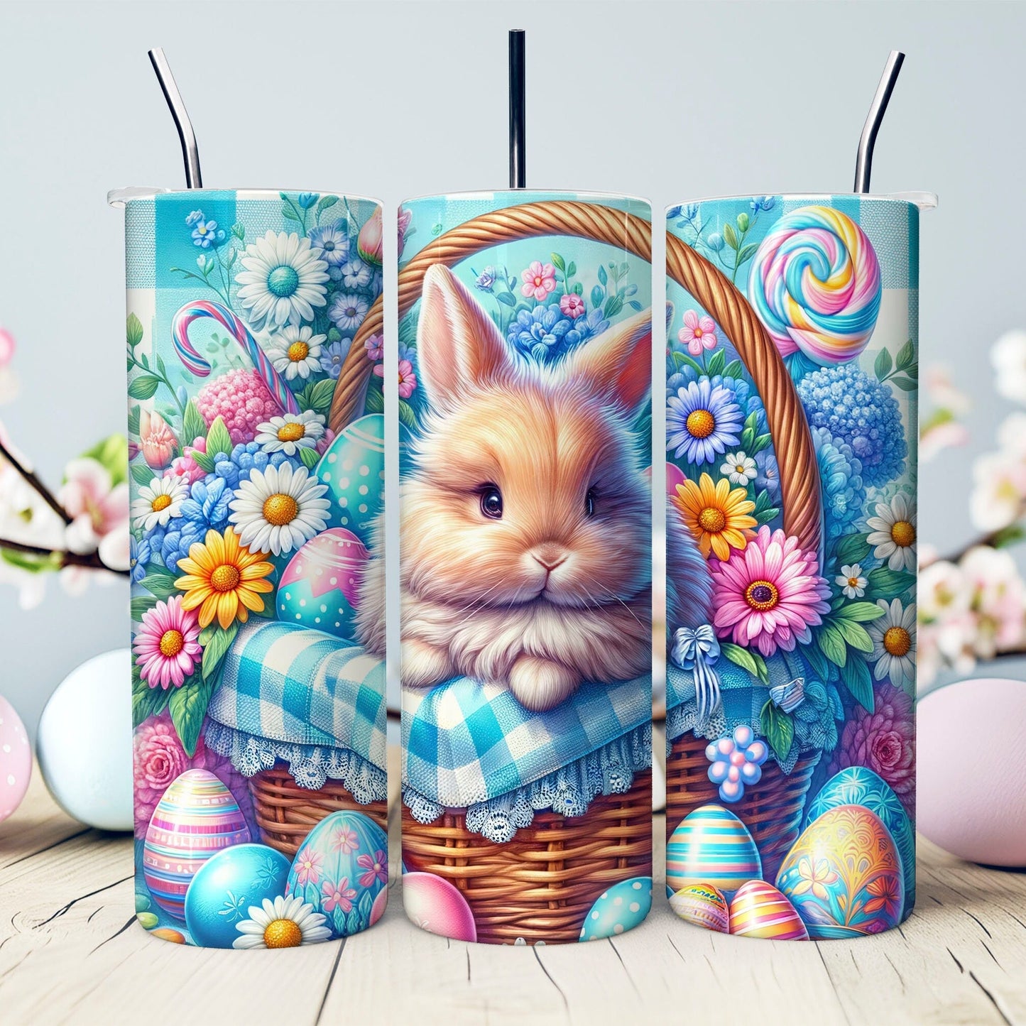 Sweet Brown Easter Bunny 20 oz. Tumbler- Easter Basket Gift- Custom Easter Tumbler- Bunny in a Basket - Sublimated Stainless Steel Tumbler