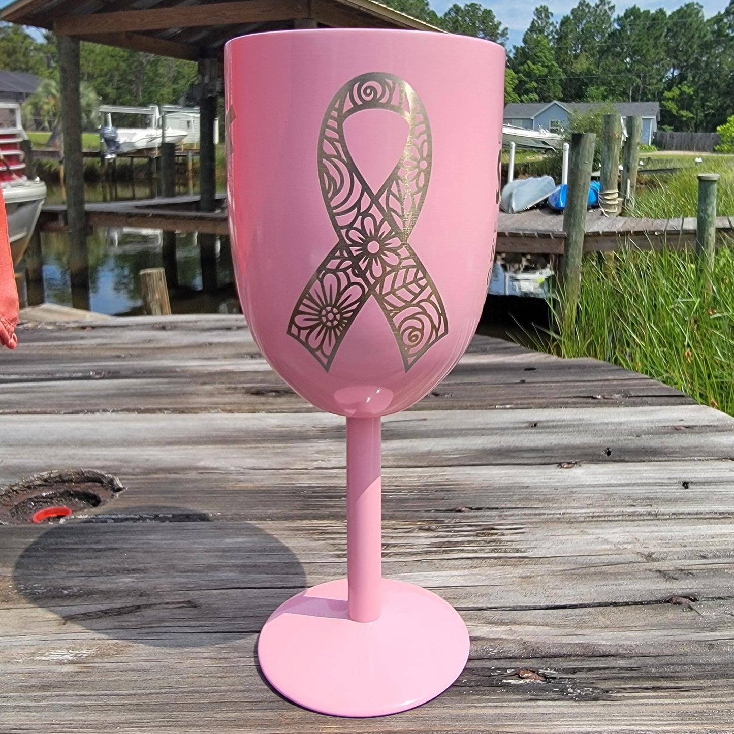 Pink Breast Cancer Survivor Stainless Steel Engraved Wine Glass, Challis, Motivational Tumbler- Breast Cancer Celebration Wine Tumbler