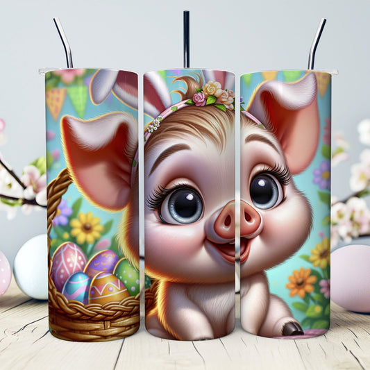 Big-Eyed Piglet Easter 20 oz. Tumbler- Easter Basket Gift- Easter Tumbler- Easter Piglet in a Basket - Sublimated Stainless Steel Tumbler