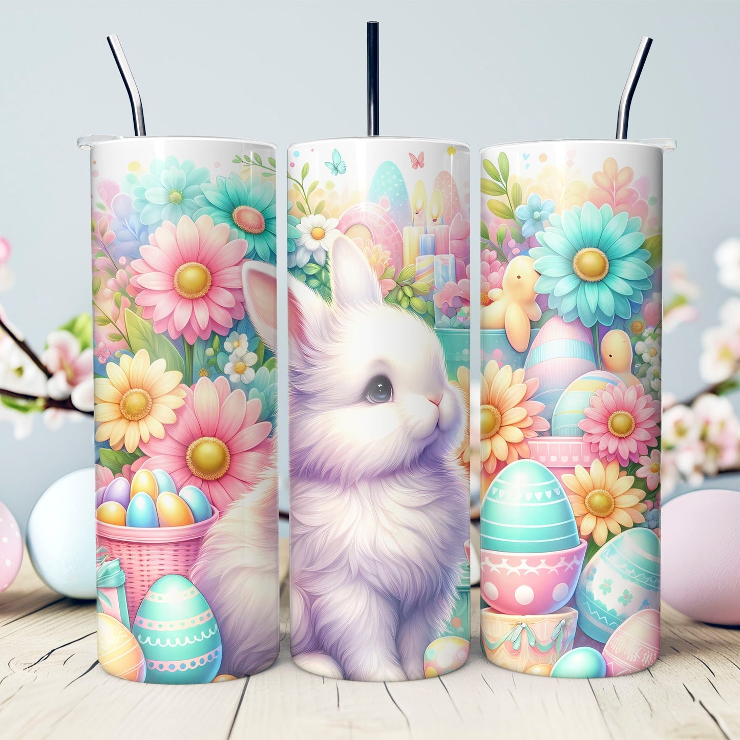 Flowered White Bunny with Easter Eggs and Daisies- 20oz. Easter Tumbler- Easter Basket Gift- Easter Tumbler- Easter Stainless Steel Tumbler