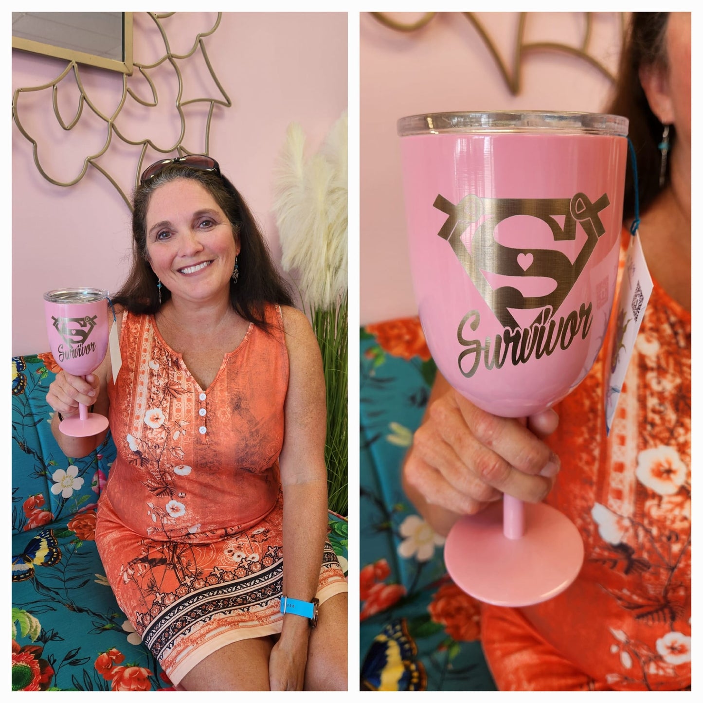 Pink Breast Cancer Survivor Stainless Steel Engraved Wine Glass, Challis, Motivational Tumbler- Breast Cancer Celebration Wine Tumbler