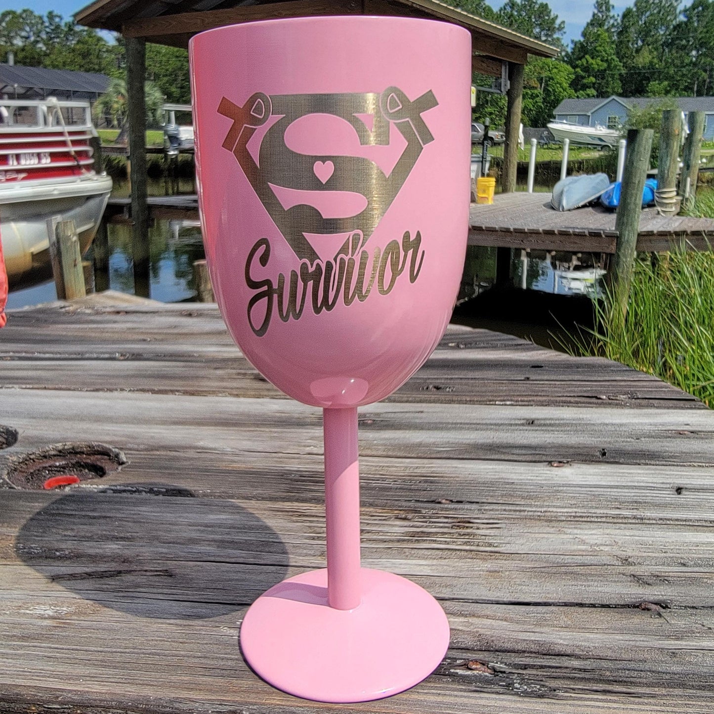 Pink Breast Cancer Survivor Stainless Steel Engraved Wine Glass, Challis, Motivational Tumbler- Breast Cancer Celebration Wine Tumbler