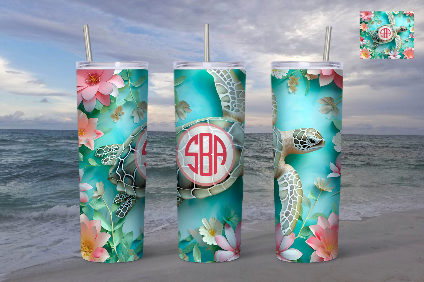 Sea Turtle Flower Monogrammed 20 oz. Tumbler- Sea Turtle Lover Gift- Personalized Sea Turtle Tumbler- Stainless Steel Turtle Tumbler