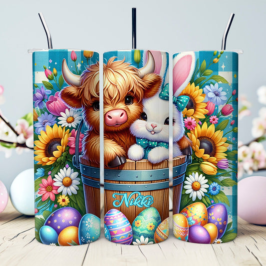 Personalized Easter bunny and Baby Cow 20 oz. Tumbler- Easter Basket Gift- Custom Easter Tumbler- Sublimated Stainless Steel Tumbler