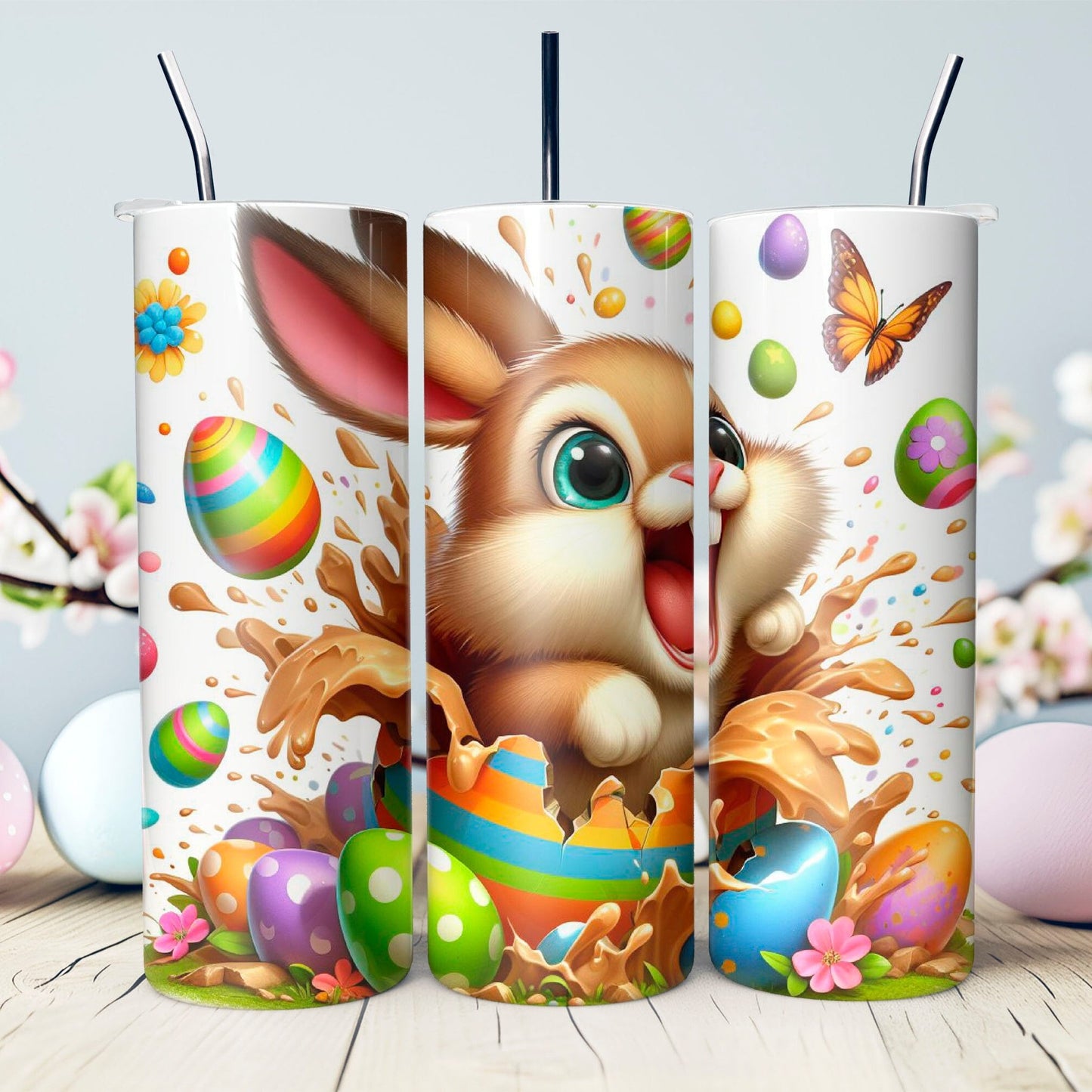 Excited Easter BunnyTumbler- Bunny with Easter Eggs 20 oz. Tumbler- Easter Basket Gift- Easter Tumbler- Easter Stainless Steel Tumbler