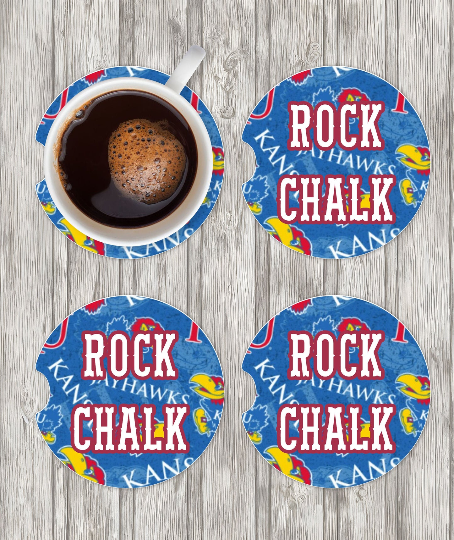 Jayhawk influenced Ceramic Car Coasters- University of Kansas Car Coasters- KU Fan Gifts- Rock Chalk gift