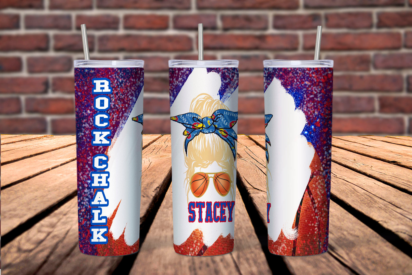 KU Basketball Inspired Messy Bun 20 oz. Tumbler, University of Kansas Personalized Tumbler, Jayhawk fan gift- Rock Chalk Jayhawks