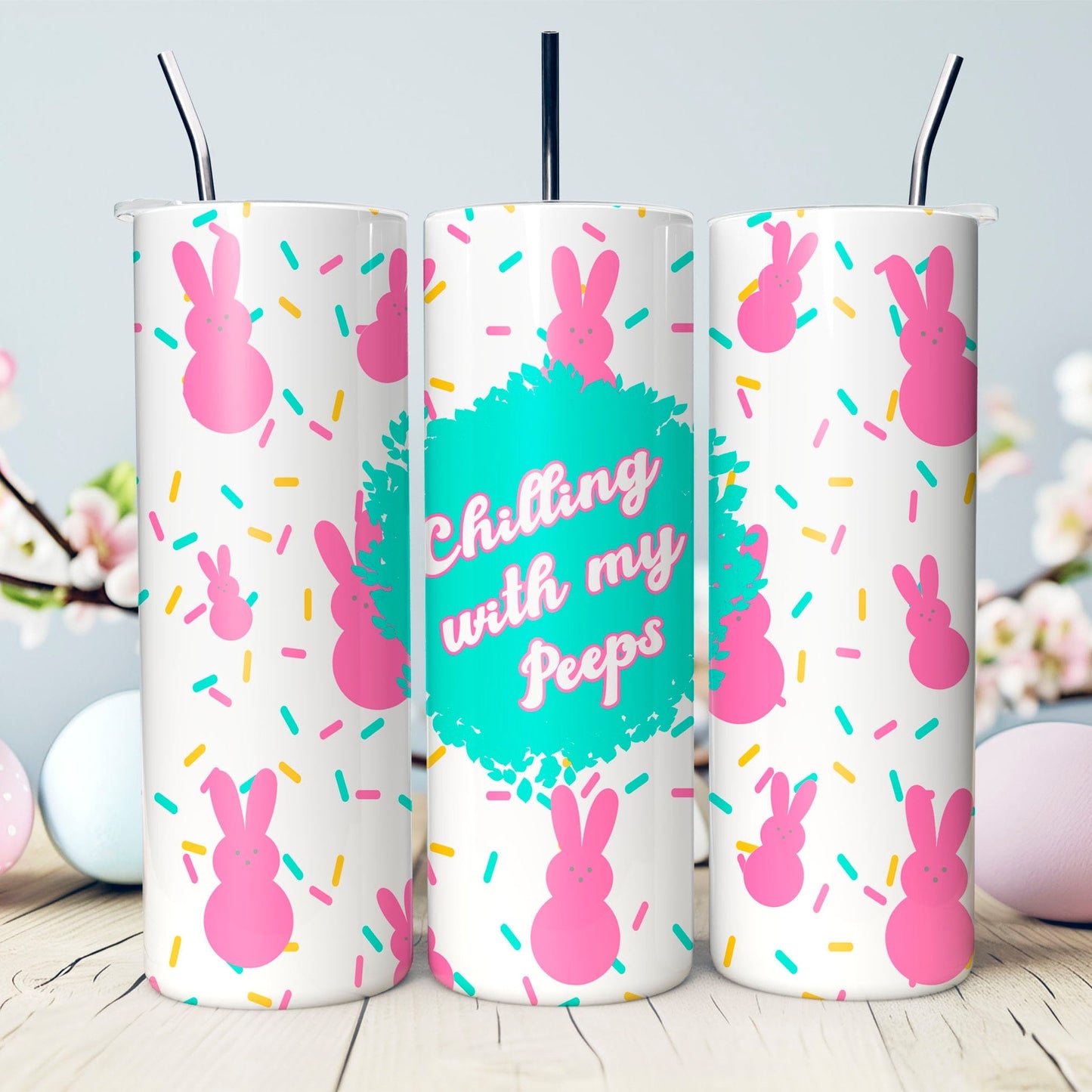 Chilling with My Peeps Tumbler- Personalized Pink Peep Tumbler - 20oz. Easter Tumbler- Easter Basket Gift- Personalized Easter Gift-