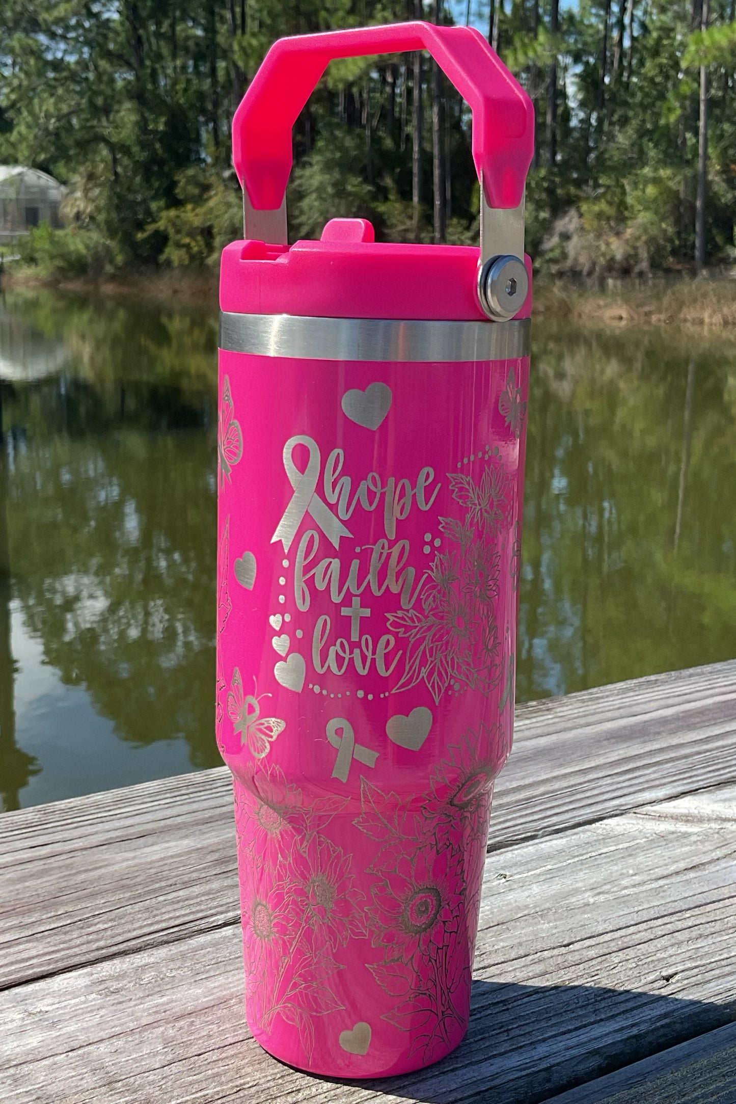 Breast Cancer Sunflower Laser Engraved Tumbler- Breast Cancer 30 oz. Top HandleTumbler- Breast Cancer Full Wrap Tumbler