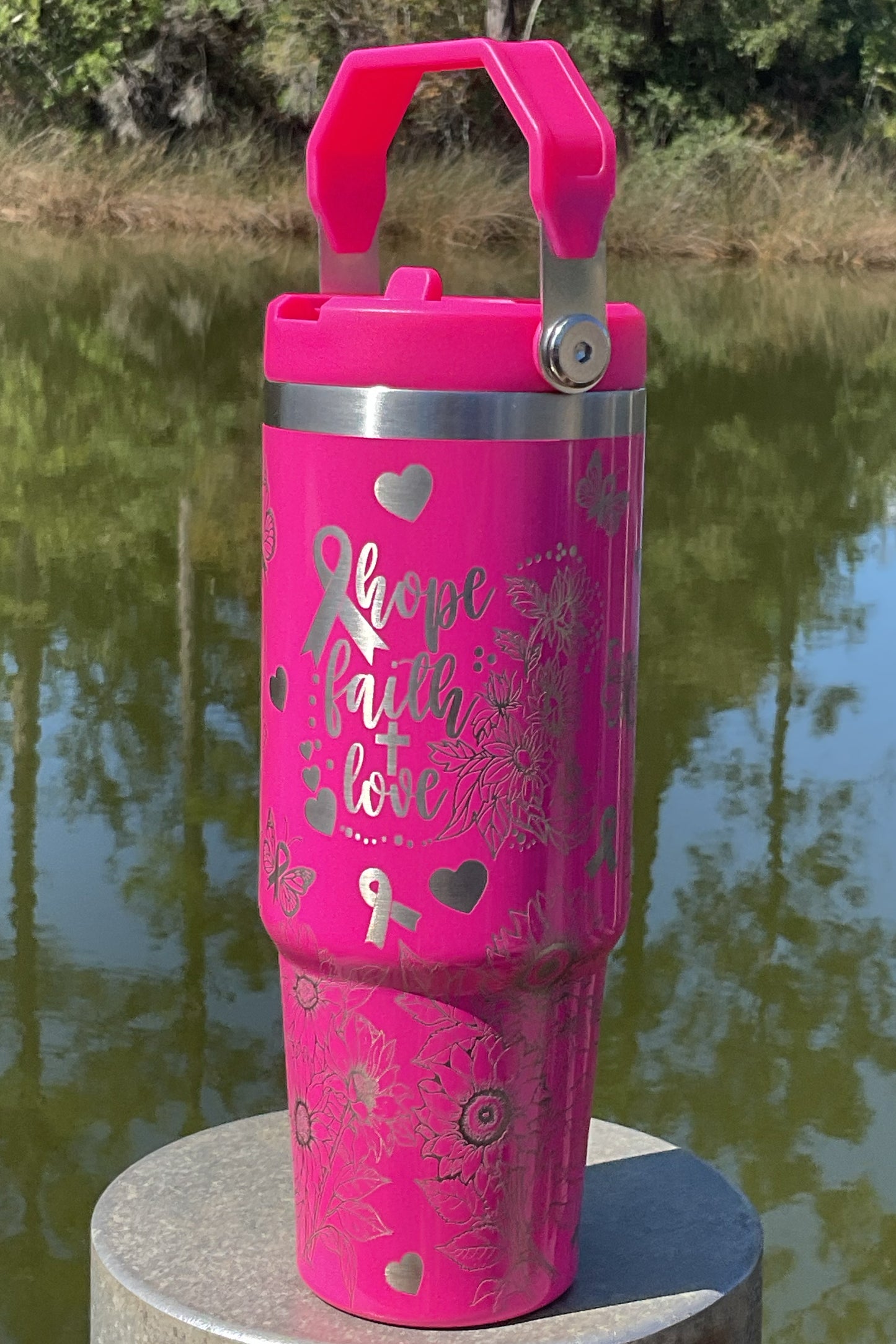 Breast Cancer Sunflower Laser Engraved Tumbler- Breast Cancer 30 oz. Top HandleTumbler- Breast Cancer Full Wrap Tumbler