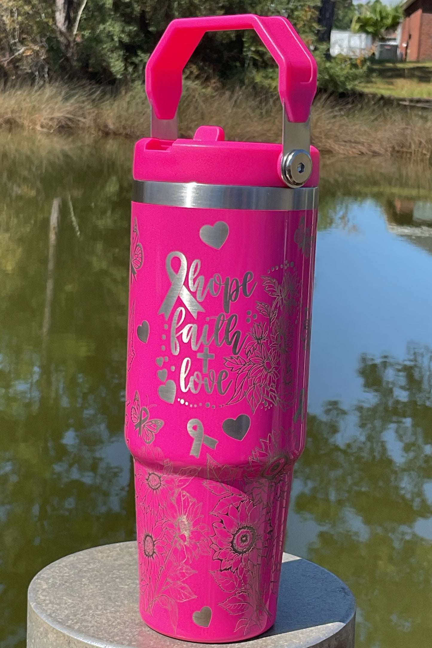 Breast Cancer Sunflower Laser Engraved Tumbler- Breast Cancer 30 oz. Top HandleTumbler- Breast Cancer Full Wrap Tumbler