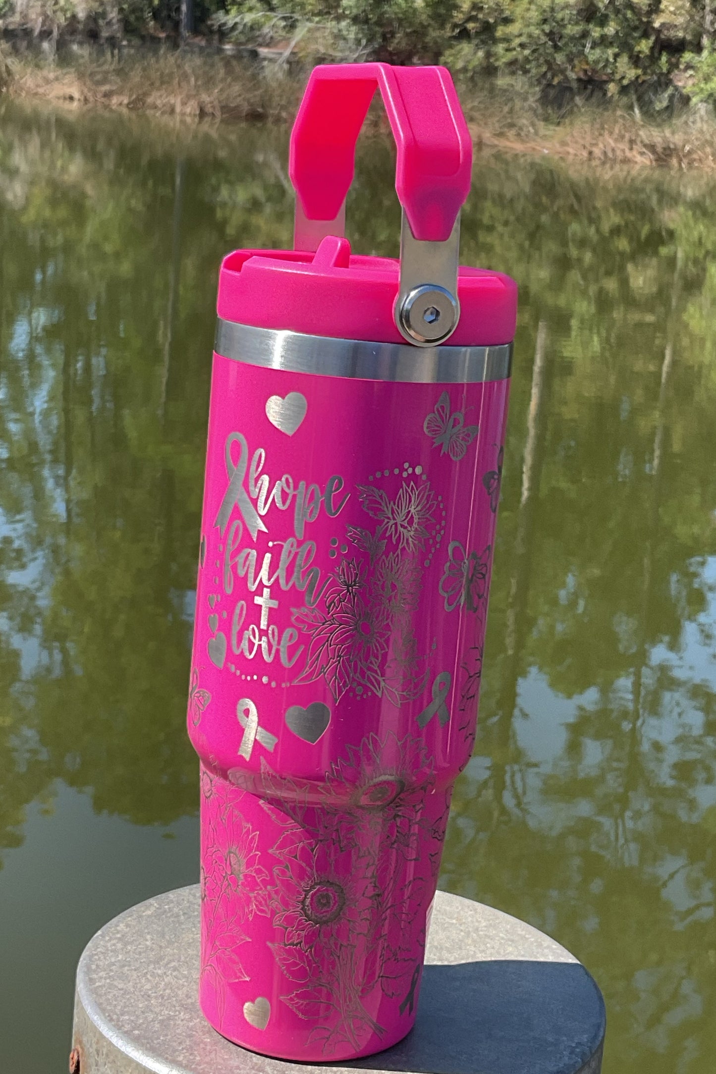 Breast Cancer Sunflower Laser Engraved Tumbler- Breast Cancer 30 oz. Top HandleTumbler- Breast Cancer Full Wrap Tumbler