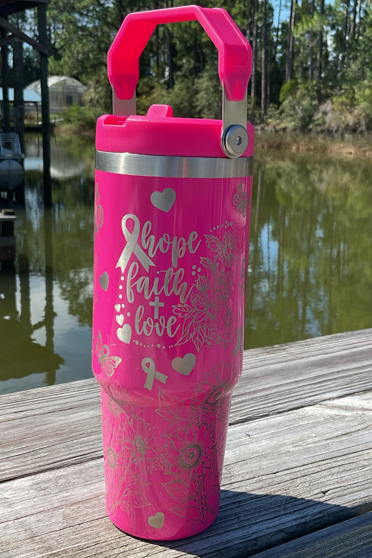 Breast Cancer Sunflower Laser Engraved Tumbler- Breast Cancer 30 oz. Top HandleTumbler- Breast Cancer Full Wrap Tumbler