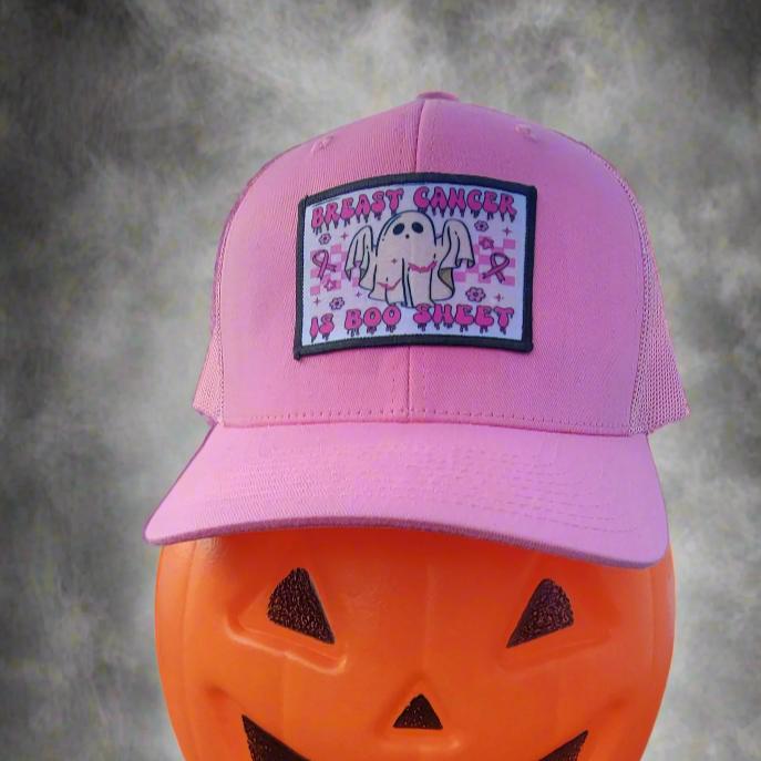 Pink trucker hat with Breast Cancer is boo sheet patch