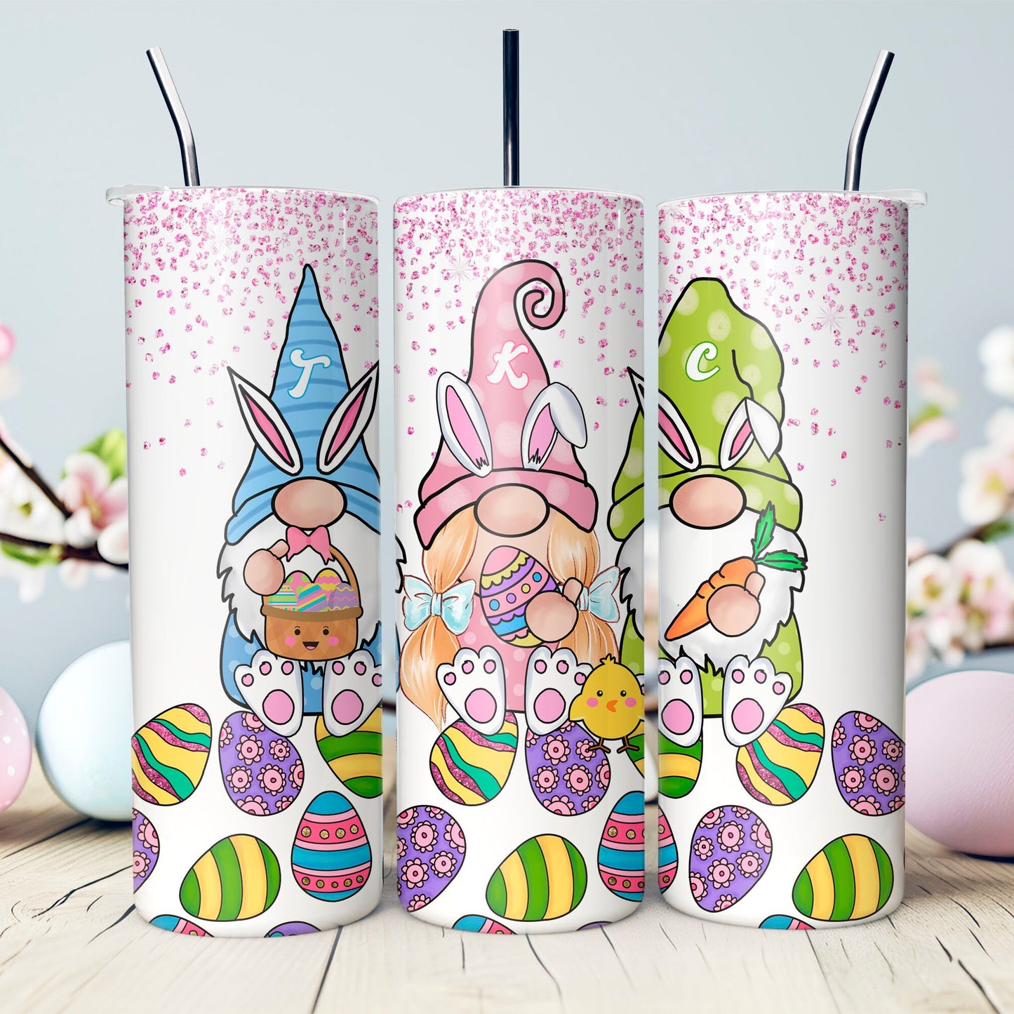 Gnomes Easter Bunnies with Personalized Hats 20 oz. Tumbler- Easter Basket Gift- Personalized Easter Tumbler- Stainless Steel Tumbler