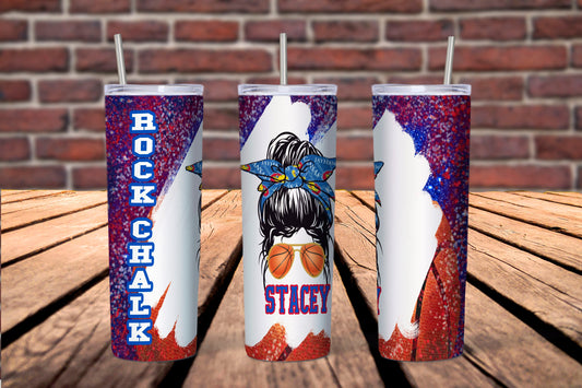 KU Basketball Inspired Messy Bun 20 oz. Tumbler, University of Kansas Personalized Tumbler, Jayhawk fan gift- Rock Chalk Jayhawks