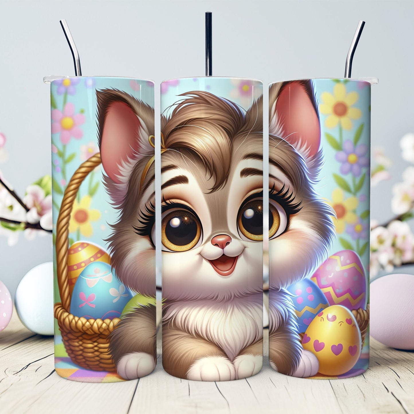 Big-Eyed Kittten Easter 20 oz. Tumbler- Easter Basket Gift- Easter Tumbler- Easter Kitten in a Basket - Sublimated Stainless Steel Tumbler