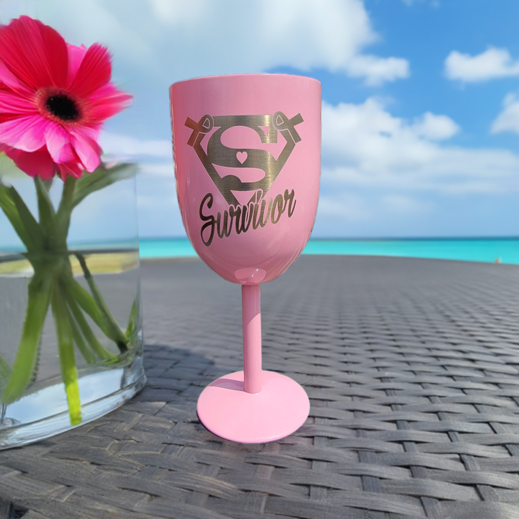 Pink Breast Cancer Survivor Stainless Steel Engraved Wine Glass, Challis, Motivational Tumbler- Breast Cancer Celebration Wine Tumbler