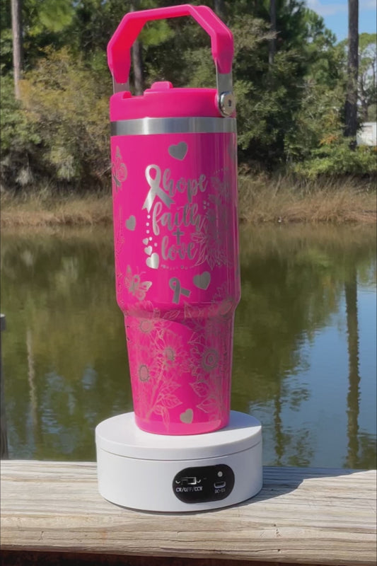 Breast Cancer Sunflower Laser Engraved Tumbler- Breast Cancer 30 oz. Top HandleTumbler- Breast Cancer Full Wrap Tumbler